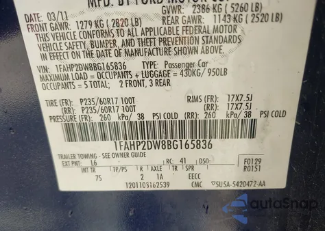 2011 Ford Taurus Se из США, поврежденный, VIN 1FAHP2DW8BG165836